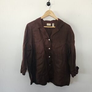 Womens Classic Elements 100% Linen Brown Button Down Blouse Glitter Sparkle 14